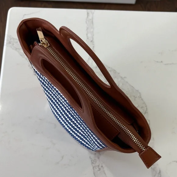 Ann Taylor Blue & White Crochet Stripe and Tan Leather Tote Bag Purse - Picture 3 of 8